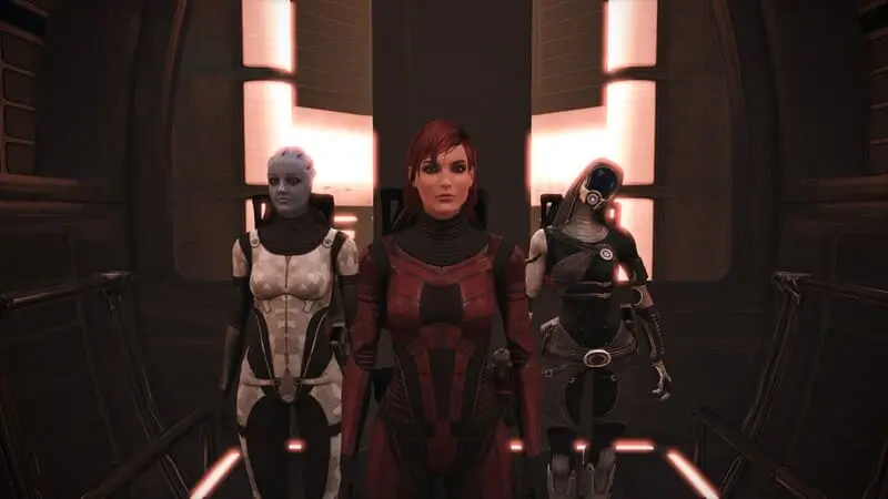 Liara, Shepard e Tali do jogo Mass Effect.