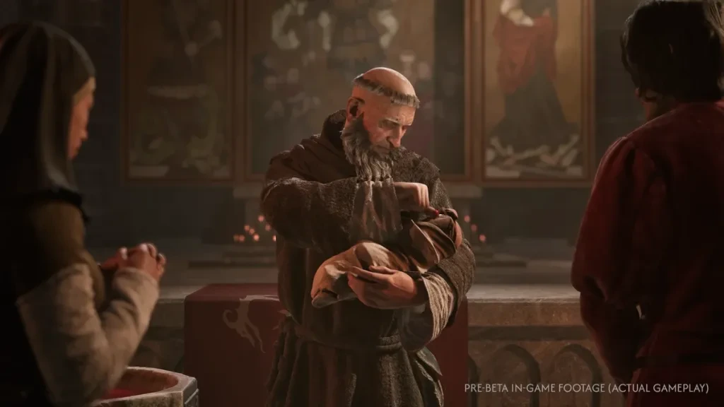 Padre realizando um batismo de sangue no jogo The Blood of Dawnwalker