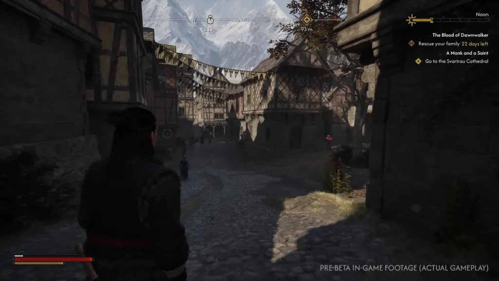 Coen explorando a cidade de Svartrau do jogo The Blood of Dawnwalker