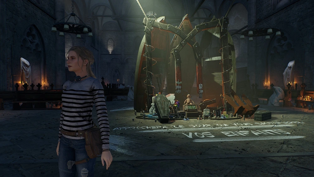 Elise em uma igreja com um altar de ocultismo no jogo Broken Pieces